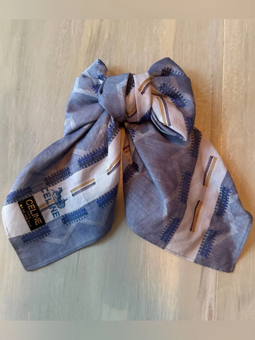 Celine Blue White Striped Silk Hair Bow Scarf Bandana Neckerchief Bag Accessory
